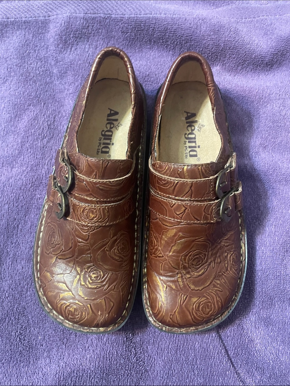 Alegria Brown Embossed Leather Clogs with Rose Motif size 36